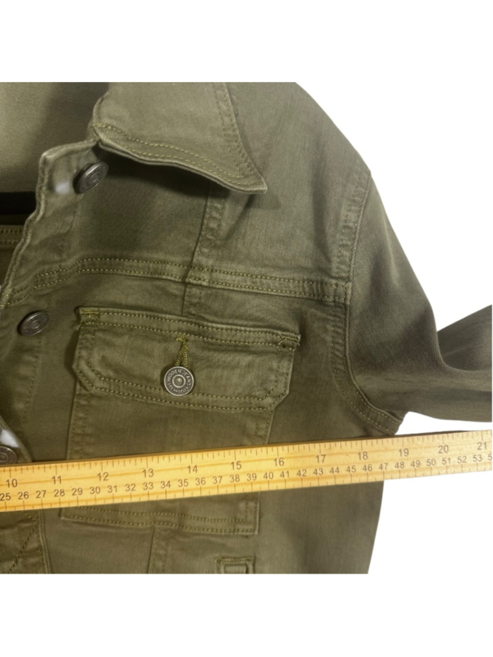 Size M Hidden Military Green Distressed Fringe Button Cropped Jean Jacket - Picture 8 of 10